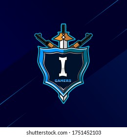 Letter I - Initial logo E-Sport with decoration of sword, shield, and weapon. Perfect for gamer brand, squad, etc.