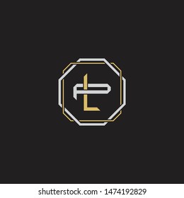 Letter initial LP L P PL monogram logo classic style with emblem hexagon line isolated on black background and gold silver colors combination