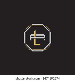Letter initial LR L R RL monogram logo classic style with emblem hexagon line isolated on black background and gold silver colors combination