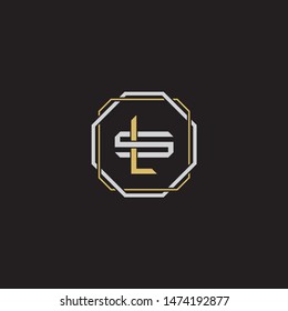 Letter initial LS L S SL monogram logo classic style with emblem hexagon line isolated on black background and gold silver colors combination