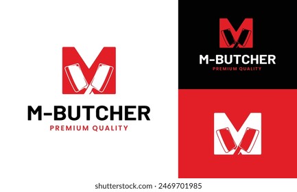 Letter Initial M Metzger mit Cleaver Meat Knife Logo Design Vorlage. Geeignet für Metzger Metzgerei Deli Fleischerei Koch Kühe Vieh in Klassischen Hipster Retro Stil Logo Design Vorlage.