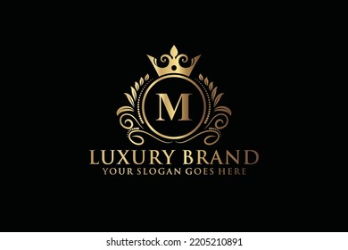 letter Initial M elegant luxury monogram logo or badge template with scrolls and royal crown, perfect for luxurious branding projects
