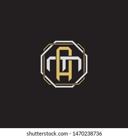 Letter initial AM A M MA monogram logo classic style with emblem hexagon line isolated on black background and gold silver colors combination
