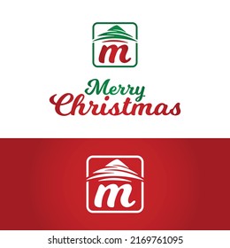 Letter Initial M Merry Christmas with Pines Tree Logo Design Template. Perfect for Christmas and New Year Greeting Cards, Banners, Invitations, or Business Brand Logos.