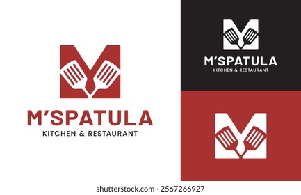 Letter Initial M Spatula Logo Design Template. Suitable for Restaurant Kitchen Bistro Cafe Catering Eatery Grill Barbeque or Chef Cook Kitchener Food Blogger Business Brand Company Logo Design