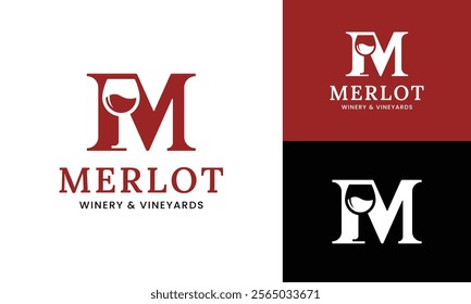 Letter Initial M Wine Glass Logo Design Template. Suitable for Bar Restaurant Cafe Winery Vineyard Pub Club Business Brand Company Logo Design.