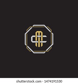 Letter initial MC M C CM monogram logo classic style with emblem hexagon line isolated on black background and gold silver colors combination