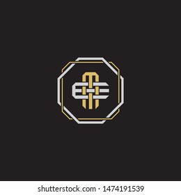 Letter initial ME M E EM monogram logo classic style with emblem hexagon line isolated on black background and gold silver colors combination