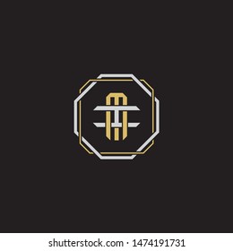 Letter initial MI M I IM monogram logo classic style with emblem hexagon line isolated on black background and gold silver colors combination