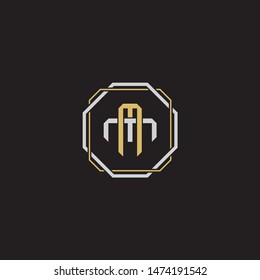 Letter initial MM M monogram logo classic style with emblem hexagon line isolated on black background and gold silver colors combination