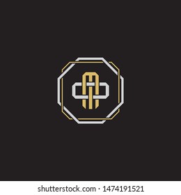 Letter initial MO M O OM monogram logo classic style with emblem hexagon line isolated on black background and gold silver colors combination