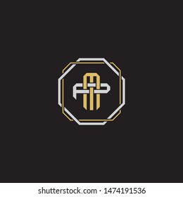 Letter initial MP M P PM monogram logo classic style with emblem hexagon line isolated on black background and gold silver colors combination