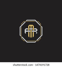 Letter initial MR M R RM monogram logo classic style with emblem hexagon line isolated on black background and gold silver colors combination