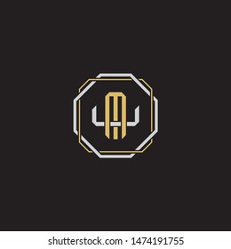 Letter initial MU M U UM monogram logo classic style with emblem hexagon line isolated on black background and gold silver colors combination