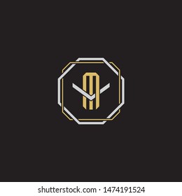 Letter initial MV M V VM  monogram logo classic style with emblem hexagon line isolated on black background and gold silver colors combination