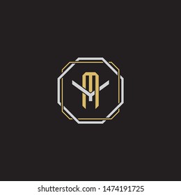 Letter initial MY M Y YM monogram logo classic style with emblem hexagon line isolated on black background and gold silver colors combination