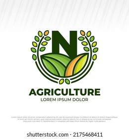 Letter Initial N Eco Green Farm Circle Logo Vector Vintage Icon, Flat Farm Logo, Natural Green Badge