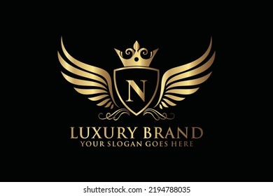 letter Initial N elegant luxury monogram logo or badge template with scrolls and royal crown, perfect for luxurious branding projects
