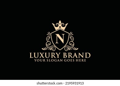 letter Initial N elegant luxury monogram logo or badge template with scrolls and royal crown, perfect for luxurious branding projects
