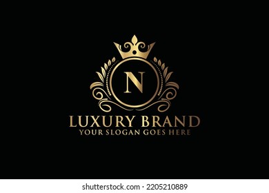 letter Initial N elegant luxury monogram logo or badge template with scrolls and royal crown, perfect for luxurious branding projects
