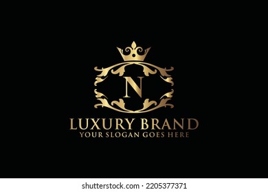 letter Initial N elegant luxury monogram logo or badge template with scrolls and royal crown, perfect for luxurious branding projects
