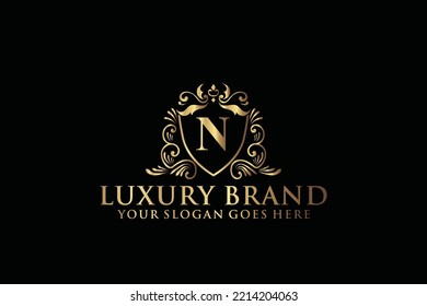 letter Initial N elegant luxury monogram logo or badge template with scrolls and royal crown, perfect for luxurious branding projects
