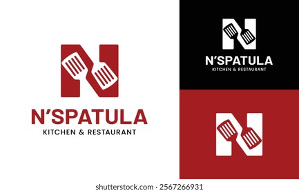 Letter Initial N Spatula Logo Design Template. Suitable for Restaurant Kitchen Bistro Cafe Catering Eatery Grill Barbeque or Chef Cook Kitchener Food Blogger Business Brand Company Logo Design