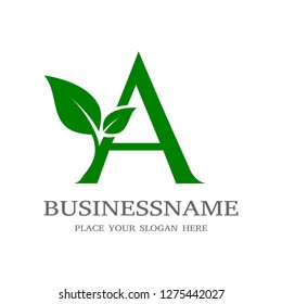 Letter A Initial natural vector logo template. Design with leaf and green color.