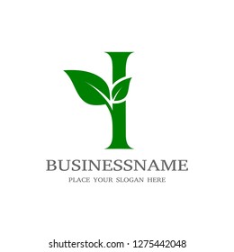 Letter I Initial natural vector logo template. Design with leaf and green color.