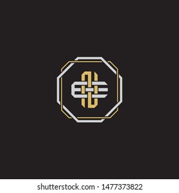 Letter initial NE N E EN monogram logo classic style with emblem hexagon line isolated on black background and gold silver colors combination EPS 10