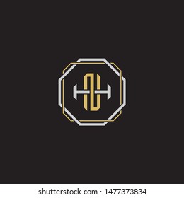 Letter initial NH N H HN monogram logo classic style with emblem hexagon line isolated on black background and gold silver colors combination EPS 10