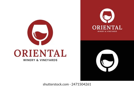 Letter Initial O Wine Glass Logo Design Template. Suitable for Bar Restaurant Cafe Winery Vineyard Pub Club Business Brand Company Logo Design.