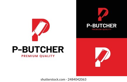 Letter Initial P Butcher with Cleaver Meat Knife Logo Design Template. Suitable for Butchers Butchery Deli Meat Shop Chef Cattle Livestock in Vintage Hipster Retro Style Logo Design Template.