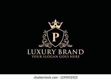 letter Initial P elegant luxury monogram logo or badge template with scrolls and royal crown, perfect for luxurious branding projects
