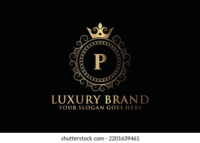 letter Initial P elegant luxury monogram logo or badge template with scrolls and royal crown, perfect for luxurious branding projects
