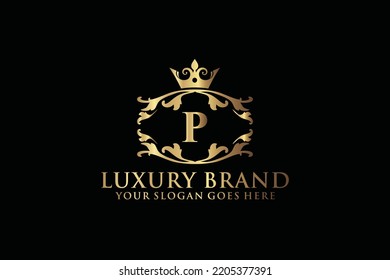 letter Initial P elegant luxury monogram logo or badge template with scrolls and royal crown, perfect for luxurious branding projects
