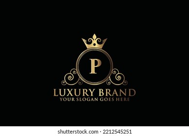 letter Initial P elegant luxury monogram logo or badge template with scrolls and royal crown, perfect for luxurious branding projects
