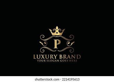 letter Initial P elegant luxury monogram logo or badge template with scrolls and royal crown, perfect for luxurious branding projects
