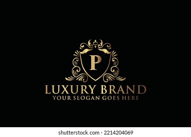 Buchstabe Initial P elegantes, luxuriöses Monogramm-Logo oder Badge-Vorlage mit Rollen und königlicher Krone, perfekt für luxuriöse Branding-Projekte
