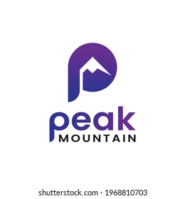 Letter Initial P With Peak Mountain Hill For Adventure Outdoor Hiking Camping Hunting Sport Gear Apparel Business Brand Simple Classic Unique Logo Design