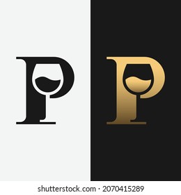 Letter Initial P Wine Glass Logo Design Template. Suitable for Bar Restaurant Cafe Winery Vineyard Pub Club Business Brand Company Logo Design.