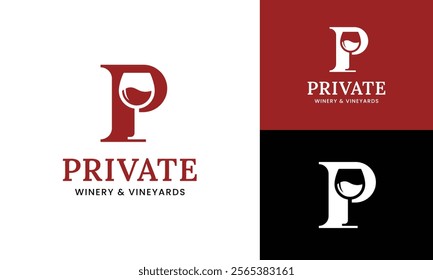 Letter Initial P Wine Glass Logo Design Template. Suitable for Bar Restaurant Cafe Winery Vineyard Pub Club Business Brand Company Logo Design.