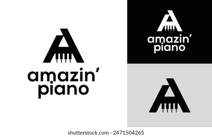 Letter Initial A Piano Keyboard Logo Design Template. Suitable for Pianist Musician Music Composer  Director Orchestra or Piano Teacher School Store in Simple Modern Style Logo Design.