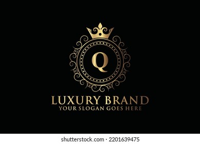 letter Initial Q elegant luxury monogram logo or badge template with scrolls and royal crown, perfect for luxurious branding projects
