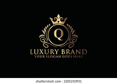 letter Initial Q elegant luxury monogram logo or badge template with scrolls and royal crown, perfect for luxurious branding projects
