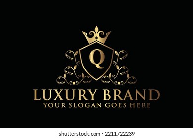 letter Initial Q elegant luxury monogram logo or badge template with scrolls and royal crown, perfect for luxurious branding projects
