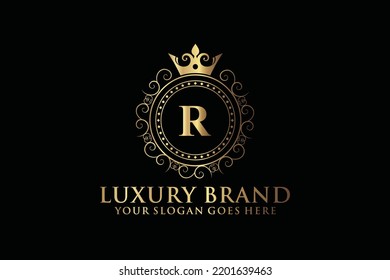 letter Initial R elegant luxury monogram logo or badge template with scrolls and royal crown, perfect for luxurious branding projects
