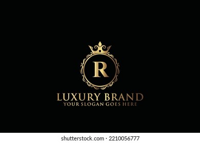 letter Initial R elegant luxury monogram logo or badge template with scrolls and royal crown, perfect for luxurious branding projects
