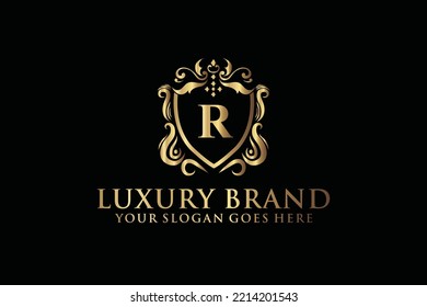 letter Initial R elegant luxury monogram logo or badge template with scrolls and royal crown, perfect for luxurious branding projects
