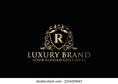 letter Initial R elegant luxury monogram logo or badge template with scrolls and royal crown, perfect for luxurious branding projects
